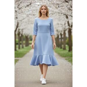 London Times Light Blue Fit and Flare Ruffle Hem Lined Size 14 NWT